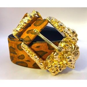 VTG 1980s Leather Animal Safari Cheetah Print Belt Suede Gold Statement Buckle